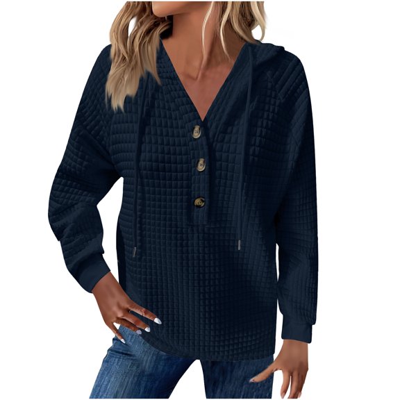 HTNBO Hoodies for Women Oversized Waffle Knit Long Sleeve Button Down Shirt V Neck Crochet Tunic Pullover Sweaters
