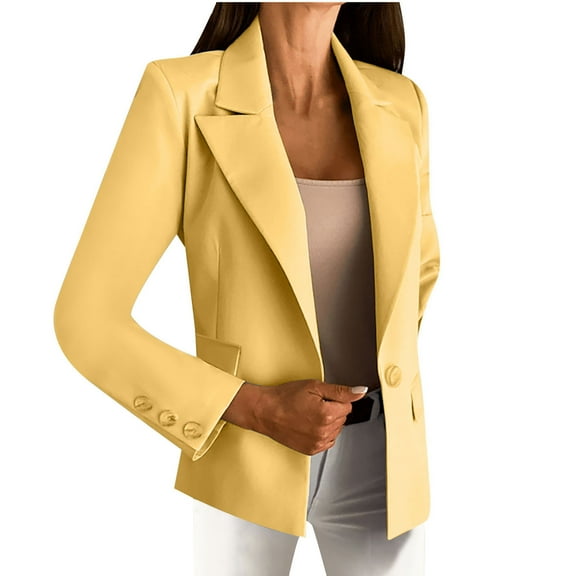 HTNBO Jackets for Women Fashion Long Sleeve Open Front Solid Blazers Suit Outerwear Button Work Coats with Pocket