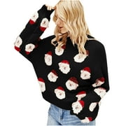 HTNBO Juniors Cute Sweaters Christmas Santa Claus Print Long Sleeve Pullover Sweater Tops