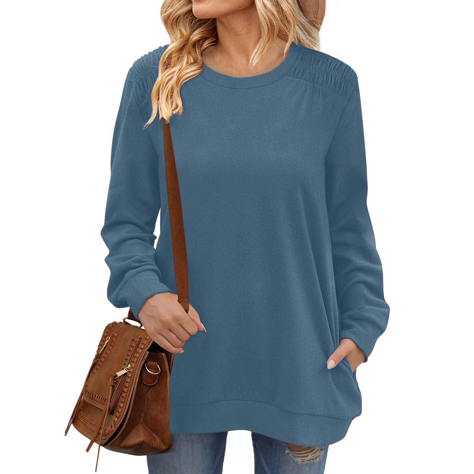 HTNBO Ladies Womens Petite Long Sleeve Tops Casual Fall Winter Solid Color Crew Neck Tees Fall Sa vings Walmart