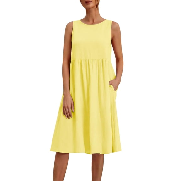 HTNBO Lightweight Cotton Linen Mini Dress – Sleeveless Crewneck Ruched Sundress, Perfect Beach Outfit for Women