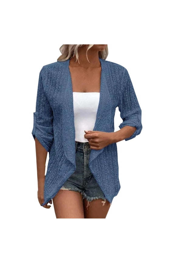 Lightweight Spring Cardigan For Women Mid Sleeve Coat Boho Oversized Open Front Jacquard Weave Cardigan