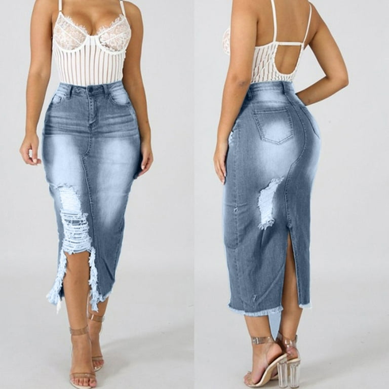 Distressed denim high waisted skirt sale