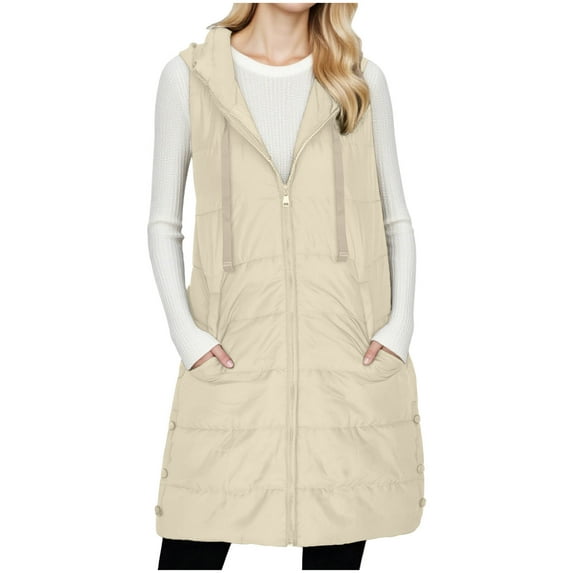 HTNBO Long Quilted Puffer Vest for Women, Lightweight Hooded Sleeveless Jacket with Pockets