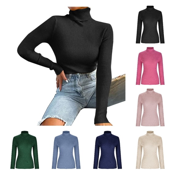 HTNBO Women's Fall Long Sleeve Turtleneck T Shirt Ribbed Knit Sweater Slim Fit Basic Casual Tee Tops