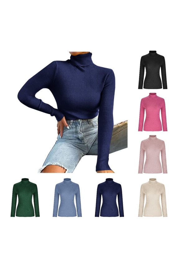 Women's Fall Long Sleeve Turtleneck T Shirt Ribbed Knit Sweater Slim Fit Basic Casual Tee Tops