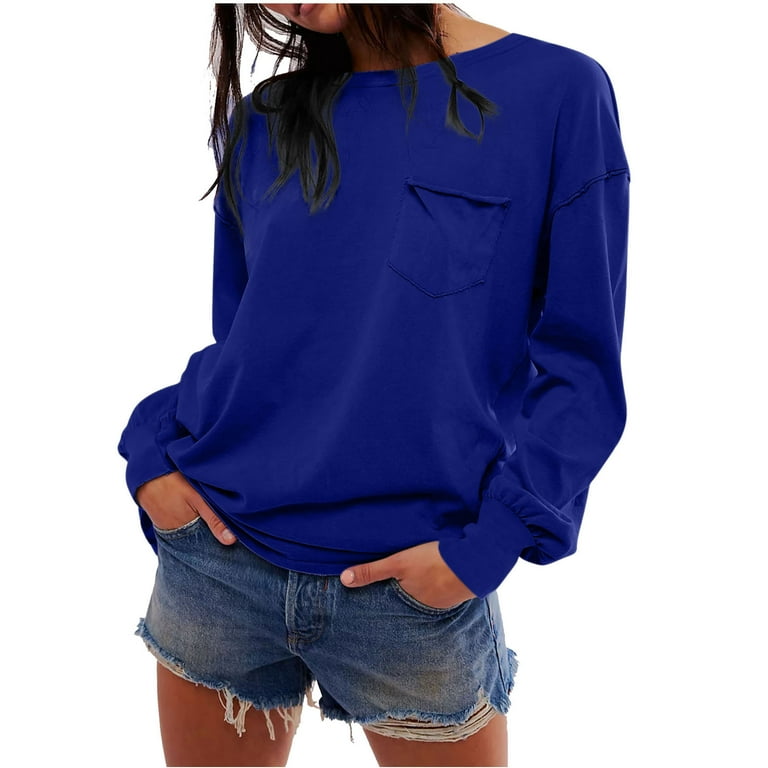 HTNBO Long Sleeve Shirts for Women Cotton Crewneck Tops Oversized