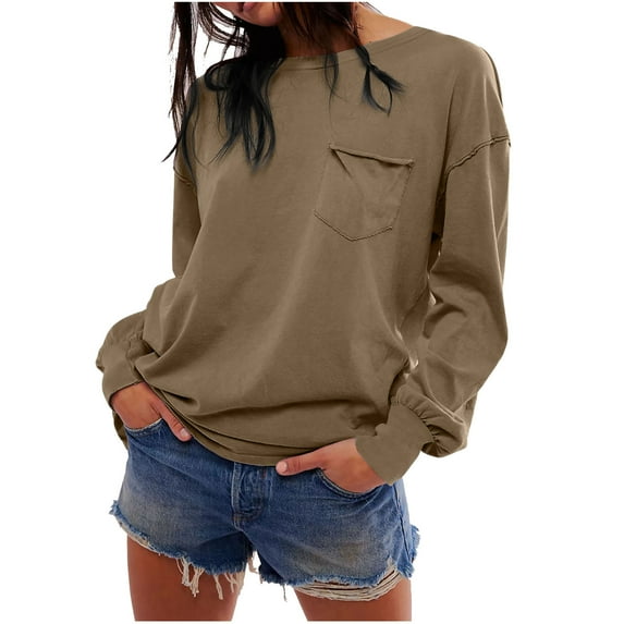 HTNBO Long Sleeve Shirts for Women Cotton Crewneck Tops Oversized Tshirts Basic Tee Shirts
