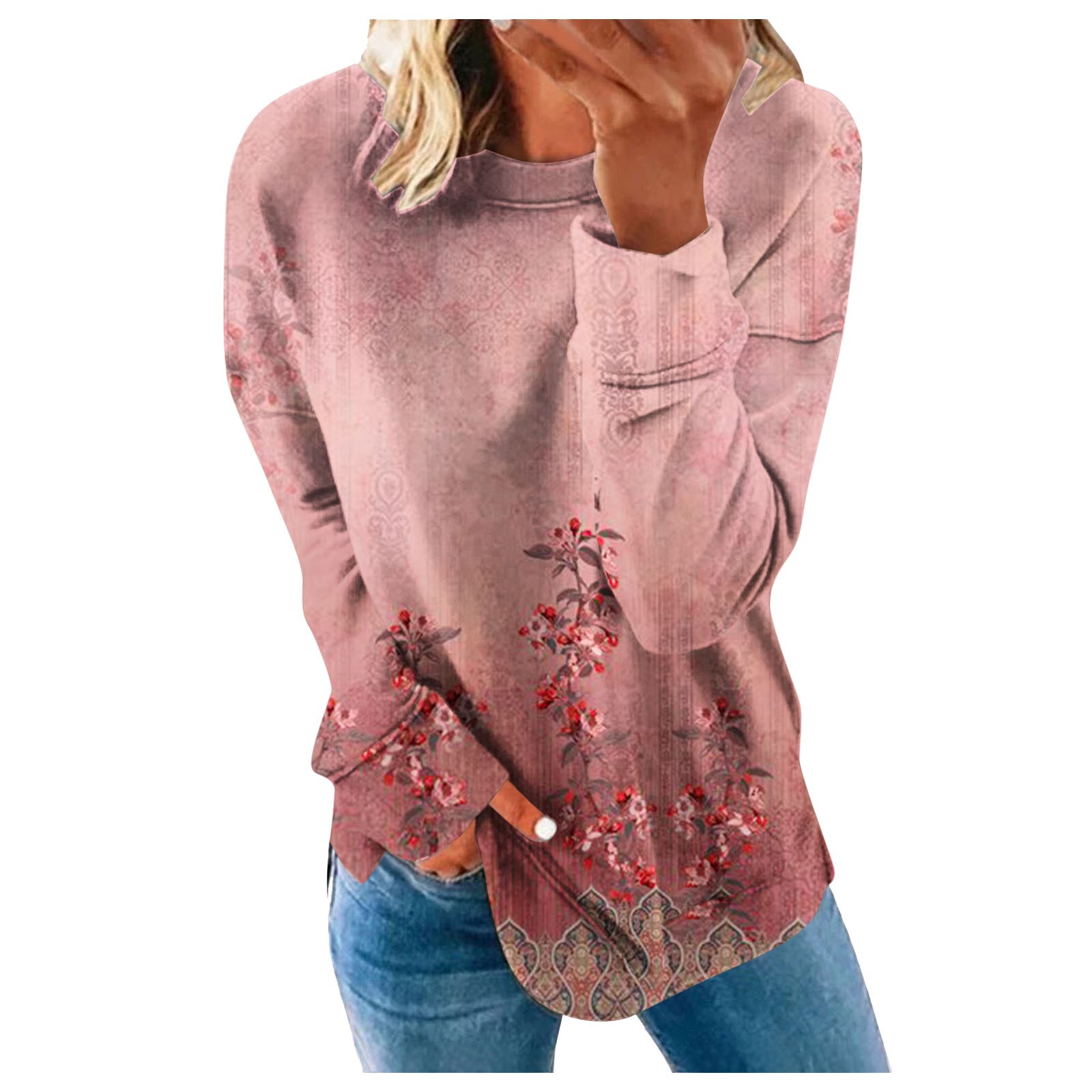 HTNBO Long Sleeve Sweatshirts for Women Graphic Floral Crew Neck Casual