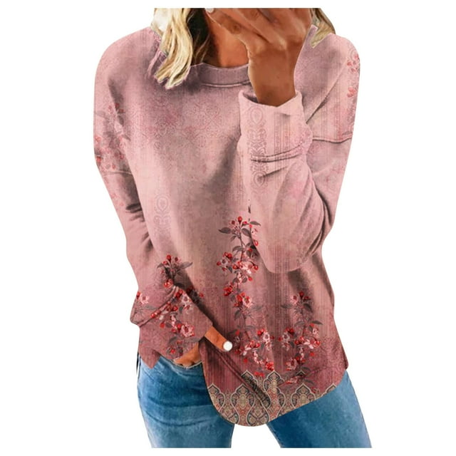 HTNBO Long Sleeve Sweatshirts for Women Graphic Floral Crew Neck Casual