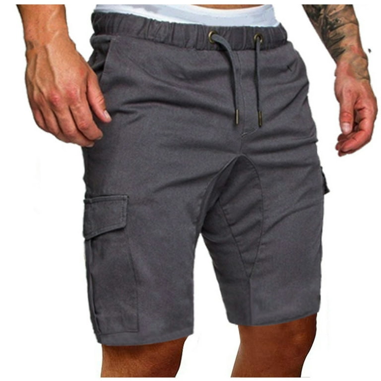 HTNBO Men Cargo Shorts Solid Color Elastic Waist Drawstring Half