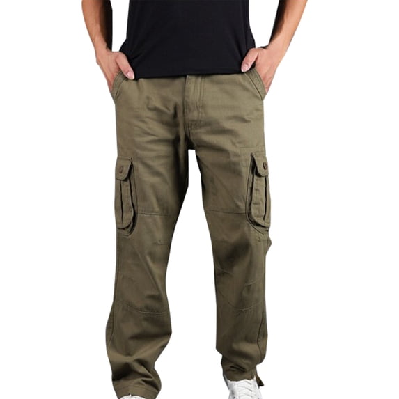 HTNBO Mens Cotton Cargo Pants with Pockets Plus Size Casual Solid Color Long Baggy Pants
