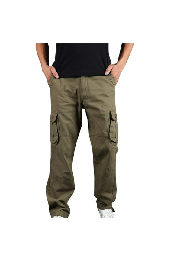 Mens Cotton Cargo Pants with Pockets Plus Size Casual Solid Color Long Baggy Pants
