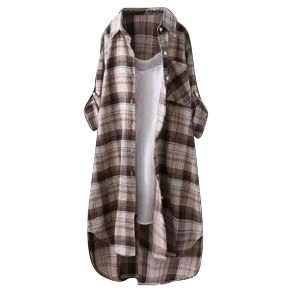 HTNBO Plaid Long Blouse for Women Juniors Long Sleeve Cotton Linen Botton Down Shirts for Fall Casual