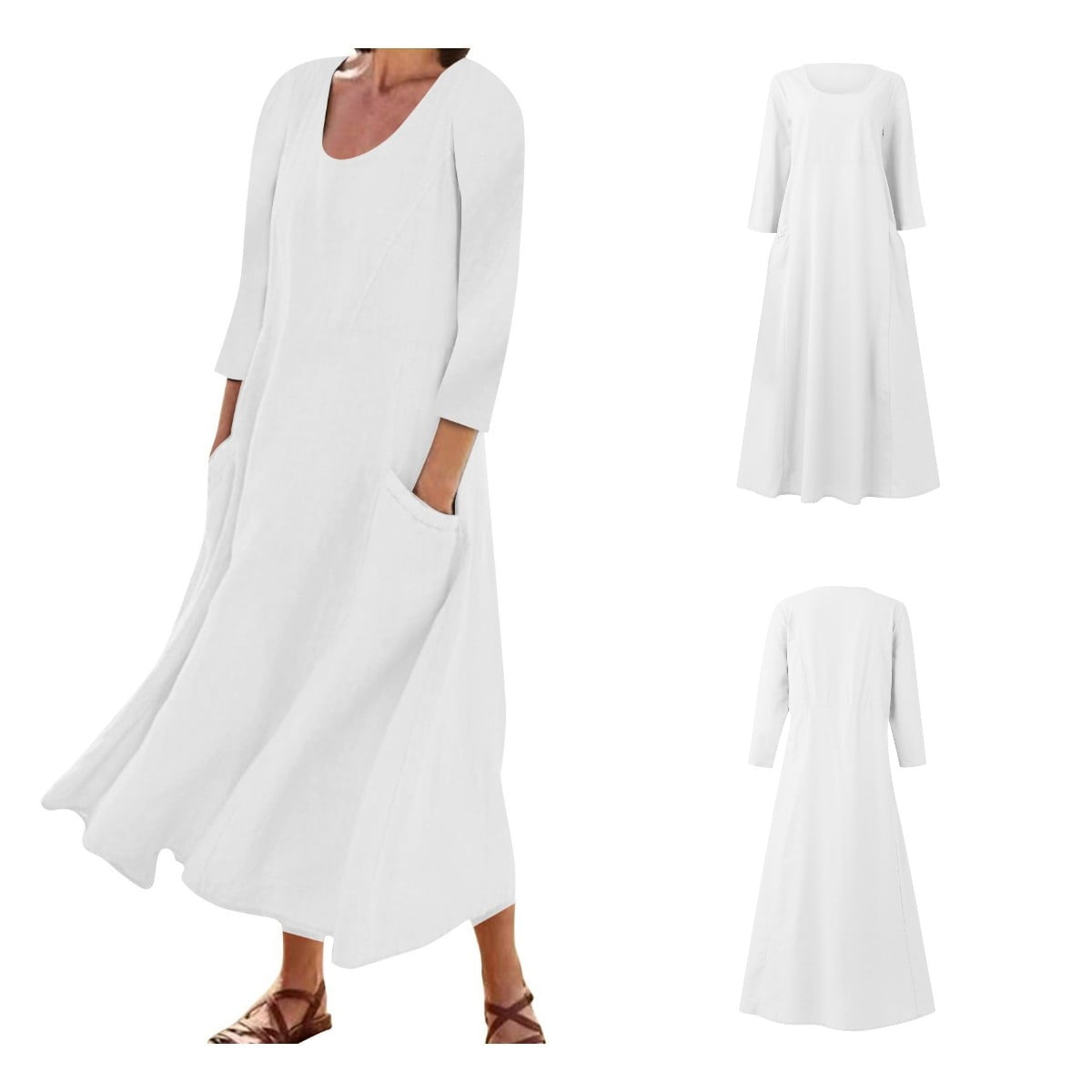 HTNBO Plus Size 3/4 Sleeve Dress for Women Casual Spring Crewneck Cotton  Linen 2024 Long Dresses - Walmart.com