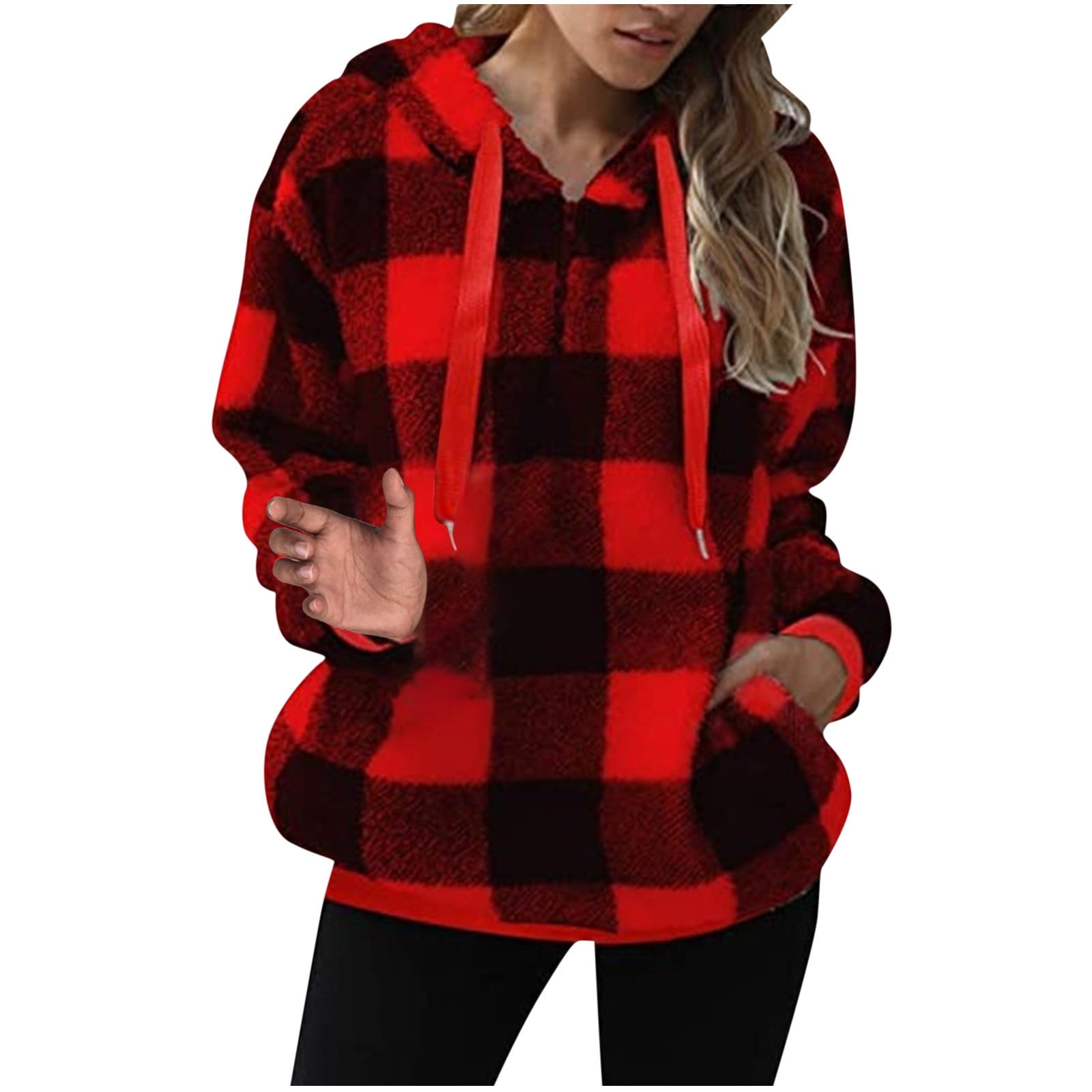 HTNBO Plus Size Plaid Jackets for Women with Hood Long Sleeve Hooded
