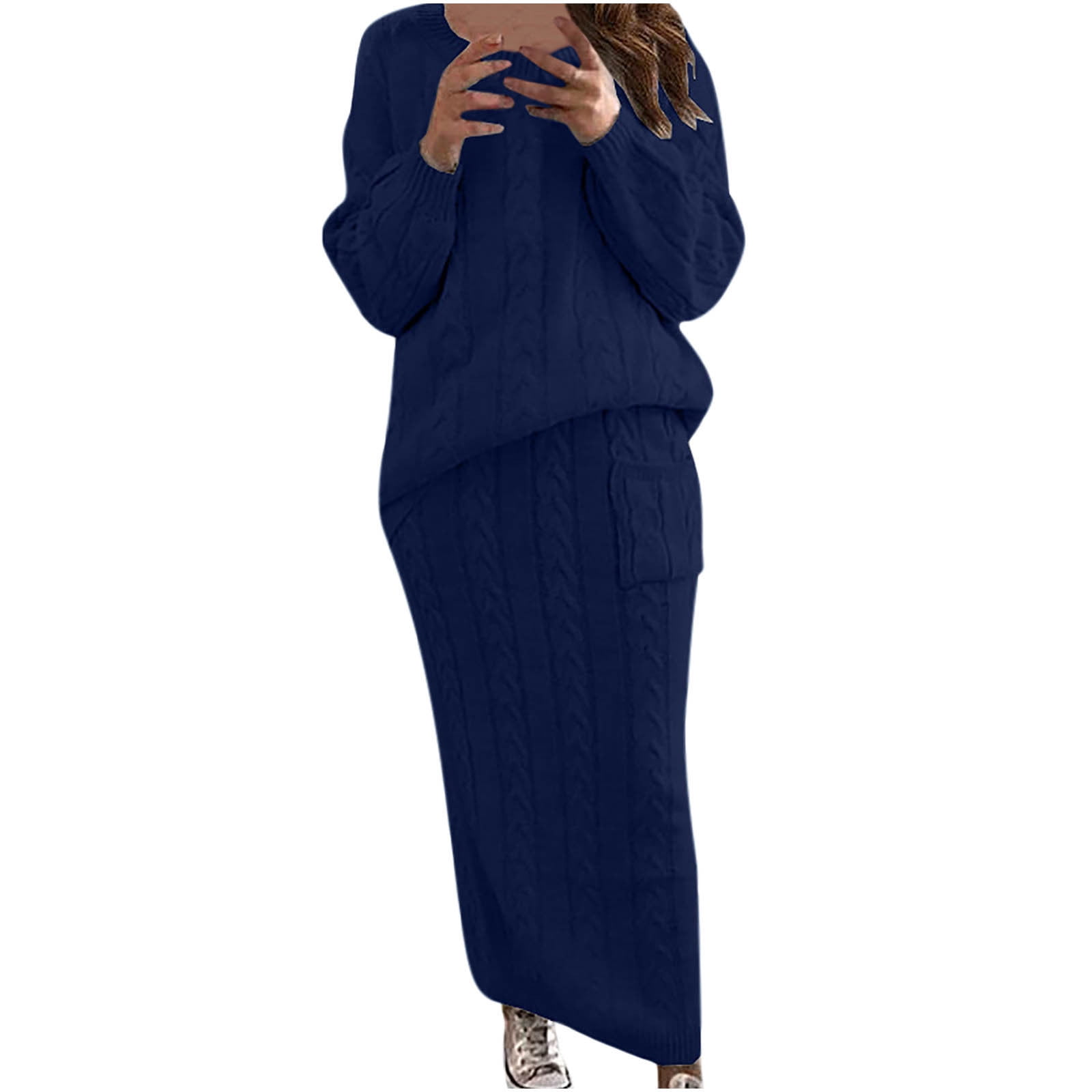Plus Size Navy Blue Sweater Skirt Set - Long Sleeve Autumn Fashion main image 1