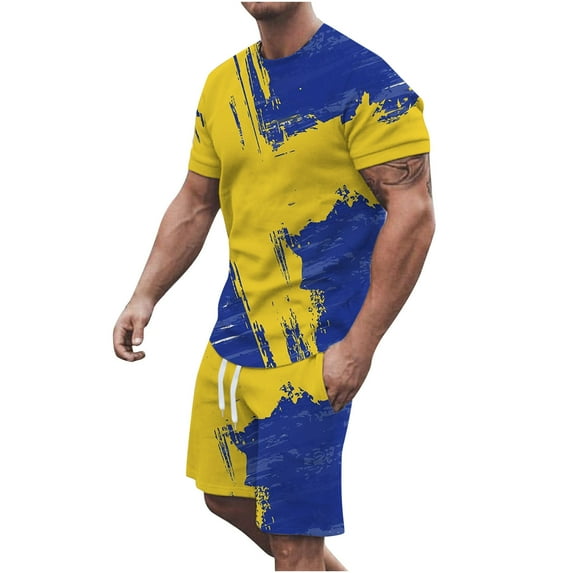 HTNBO Plus Size Workout Sets for Men 2 Piece Crew Neck Short Sleeve Solid/Color BLock Tops Shorts Sets Fashion