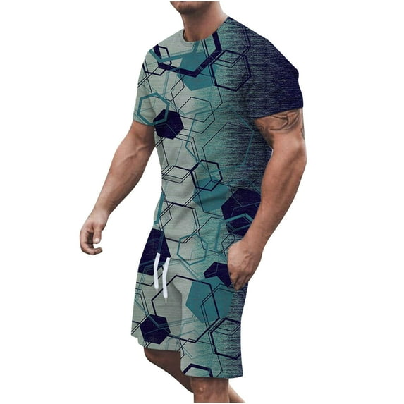 HTNBO Plus Size Workout Sets for Men 2 Piece Crew Neck Short Sleeve Solid/Color BLock Tops Shorts Sets Summer Styles