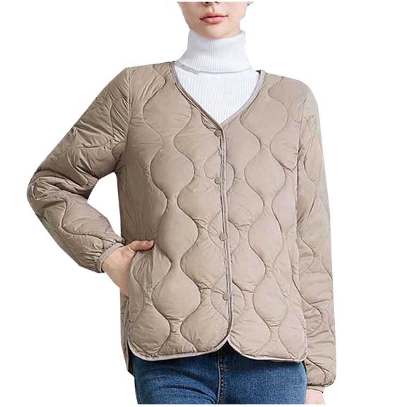 HTNBO Quilted Jacket Women Lightweight Coat V Neck Button Down Warm Padded Puffer Jacket Warm Outerwear with Pockets