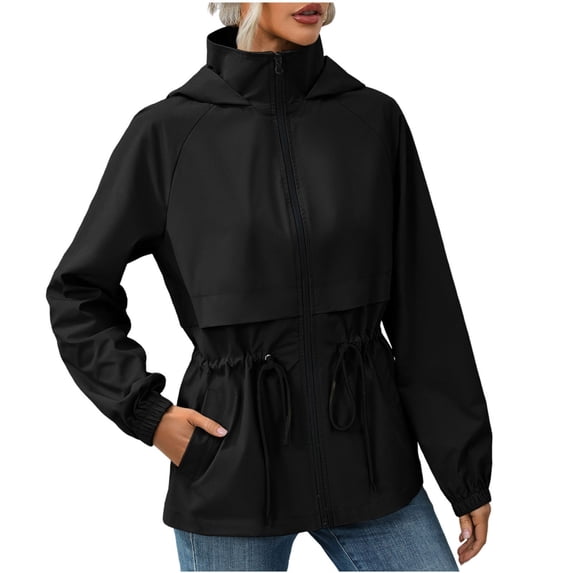 HTNBO Raincoat for Women Lightweight Waterproof Windproof Drawstring Adjustable Windbreaker Rain Jacket Hooded
