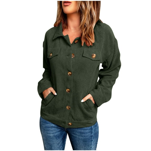 HTNBO Shackets for Women Button Down Solid Shirts Fall Lightweight Jacket Long Sleeve Oversized Corduroy Shacket