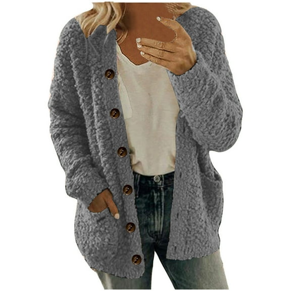 HTNBO Sherpa Cardigan Sweaters for Women Fleece Jacket With Pockets Long Sleeve Button Down Shirts Crewneck Neck Fall