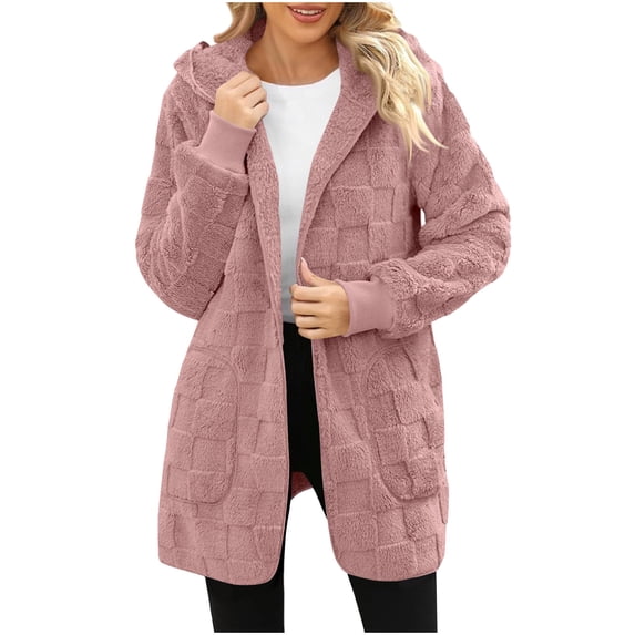 HTNBO Sherpa Jacket Women Fuzzy Open Front Fleece Lined Jackets Soft Warm Hooded Cardigan Sweater Winter Coat