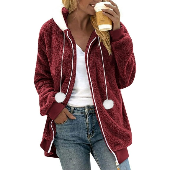 HTNBO Sherpa Jackets For Women Fuzzy Fleece Coat Faux Shearling Cardigan Warm Hooded Zip Up Outwear