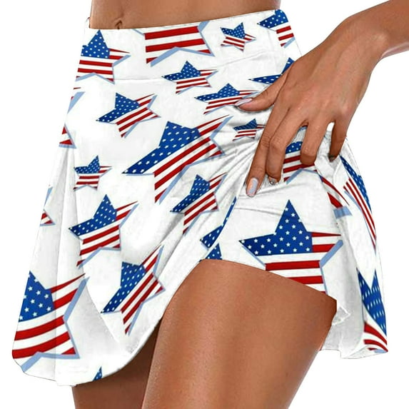HTNBO Independence Day Skorts Skirts for Women Summer Athletic Stretchy Elastic Waist Flag Stars Printed Tennis Golf Yoga Short Fourth of July