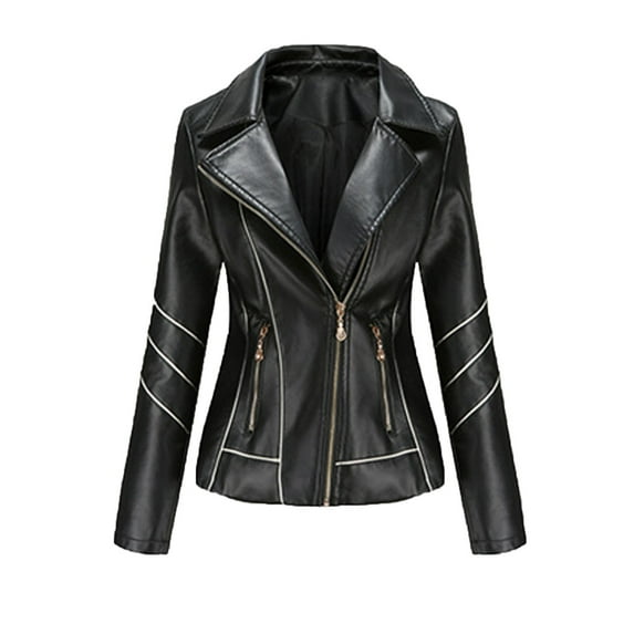 HTNBO Stand Collar Coat for Women Casual Fall Winter PU Leather Zip up Solid Color Jackets Black