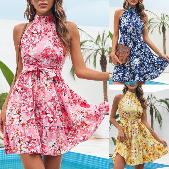 HTNBO Summer Dresses for Women Trendy Floral Halter Neck Sundress Swing Sleeveless Casual Tunic Midi Dress Beach