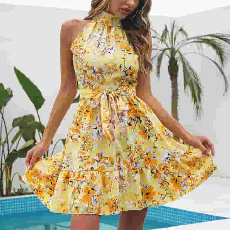 【Since Then】Halter Suspender Floral Swing Tea Dress HTNBO Trendy Summer Floral Halter Neck Sundress, Sleeveless