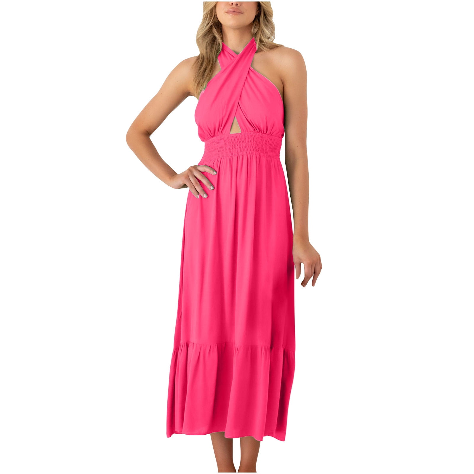 HTNBO Summer Halter Neck Dresses for Women 2023 Trendy Ruched Going out Sundresses Sleeveless