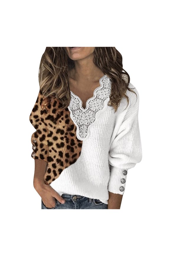 Sweater for Women Plaid Leopard Print Long Sleeve Pullover