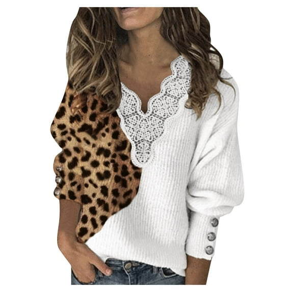 HTNBO Sweater for Women Plaid Leopard Print Long Sleeve Pullover