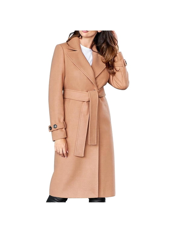 Trench Coat for Women Winter Lapel Woolen Cloth Peacoats Open Front Windbreaker Long Sleeve Overcoat with Pockets