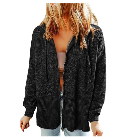HTNBO Waffle Knit Hoodies for Womens Zip Up Drawstring Fall Casual Trendy Clothing Jackets Trendy Outfits