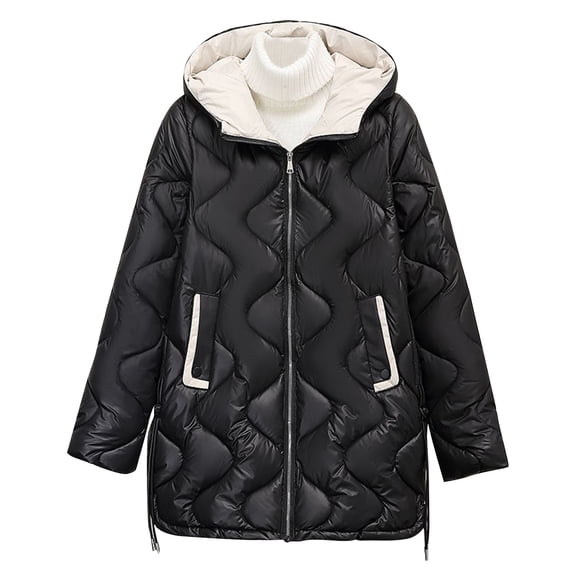 HTNBO Windproof Puffer Down Jackets Lightweight Hooded Quilted Jackets Winter Warm Full Zip Up Padded Trench Coats