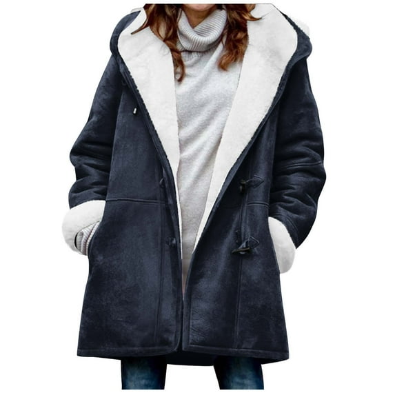 HTNBO Winter Coats for Women Warm Sherpa Fleece Lined Distressed Jackets Hooded Parka Faux Pea Coat Outerwear