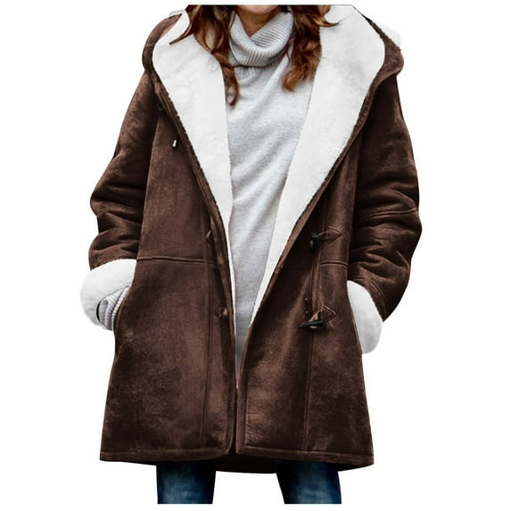 HTNBO Winter Coats for Women Warm Sherpa Fleece Lined Distressed Jackets Hooded Parka Faux Pea Coat Outerwear