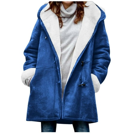 HTNBO Winter Coats for Women Warm Sherpa Fleece Lined Distressed Jackets Hooded Parka Faux Pea Coat Outerwear