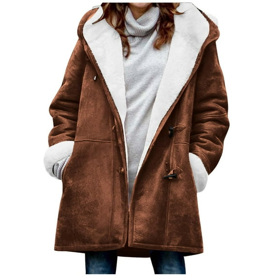 HTNBO Winter Coats for Women Warm Sherpa Fleece Lined Distressed Jackets Hooded Parka Faux Pea Coat Outerwear