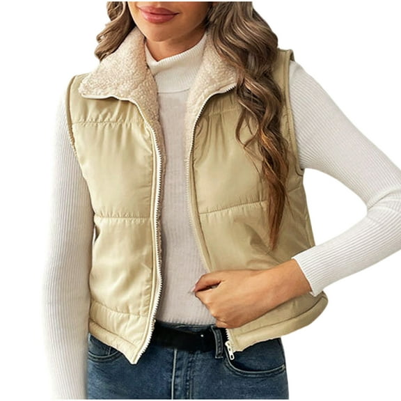 HTNBO Winter Vest for Women Cropped Vest Sleeveless Jackets Cozy Sherpa Lined Quilted Gilet Soild Zip up Waistcoat