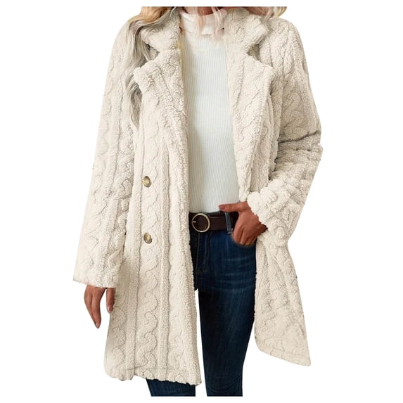 HTNBO Winter Women's Double Breasted Lapel Neck Flannelette Coat, Long Cardigan Faux Fur Warm Outwear Jackets