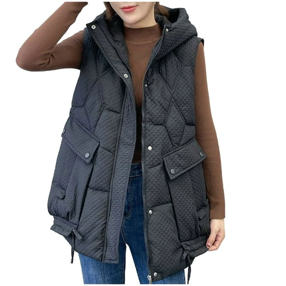 HTNBO Winter Women's Vest Down Cotton Vest All-Match Hooded Sleeveless Loose Female Waistcoat Outwear