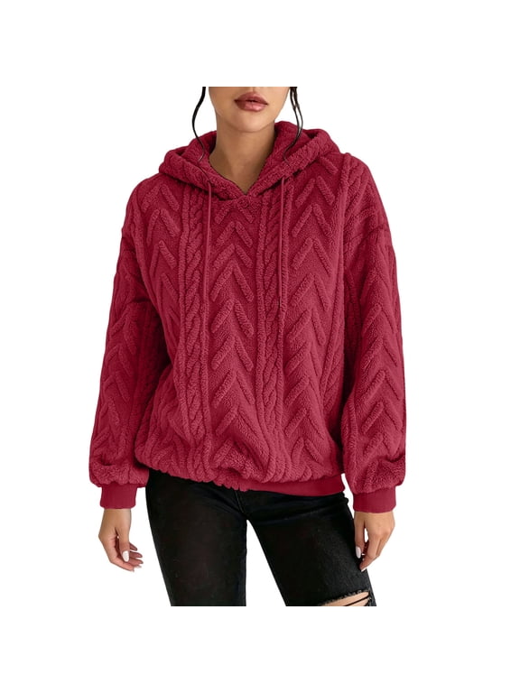 Women Cable Knit Fleece Hoodie Heavyweight Relaxed Fit Warm Casual Work Pullover Sweatshirt Winter Jacket