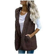 HTNBO Women Casual Fall Winter Coat with Pockets Plush Solid Color Sleeveless Loose Lapel Vest Jackets Fall Savings Coffee
