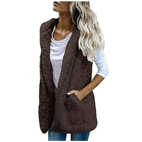 HTNBO Women Casual Fall Winter Coat with Pockets Plush Solid Color Sleeveless Loose Lapel Vest Jackets Fall Coffee