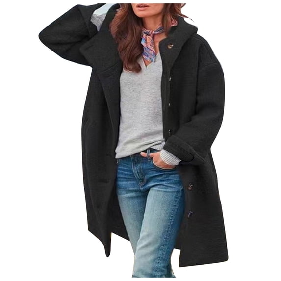 HTNBO Women Casual Fall Winter Woolen Coat Long Sleeve Solid Color Button Mid Length Hooded Coat